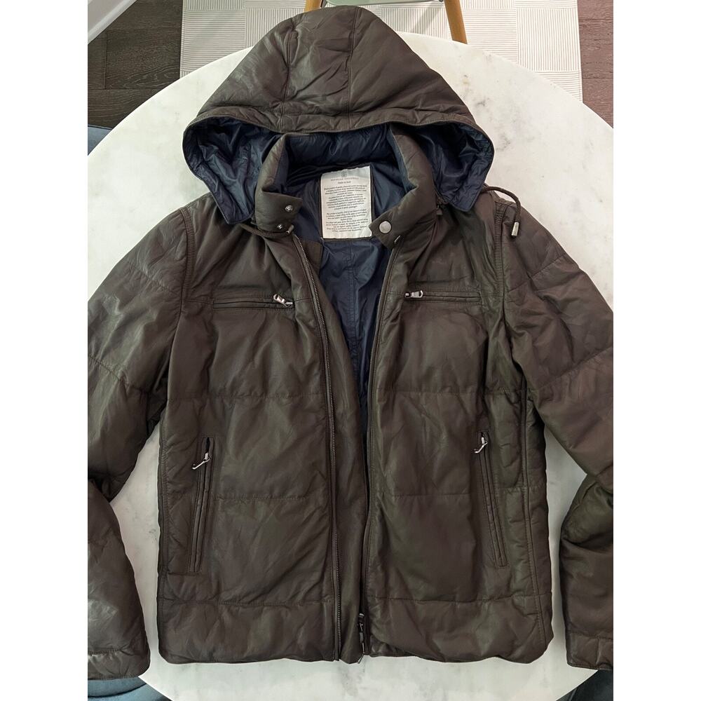 $7000 Brunello Cucinelli Brown Leather Puffer Jacket Removable Hood Men M/L